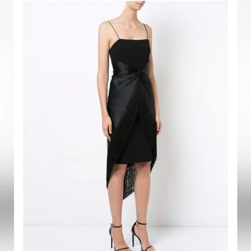 Cinq A Sept Yolette Fringe Midi Dress Women's Size 00 Black Satin Draped Dress